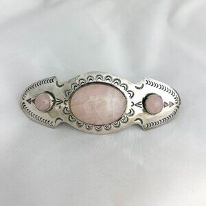 Sterling 925 Silver, Stamped Hair Clip w/ Rose Quartz Cabochons 3.75" x 1.375"